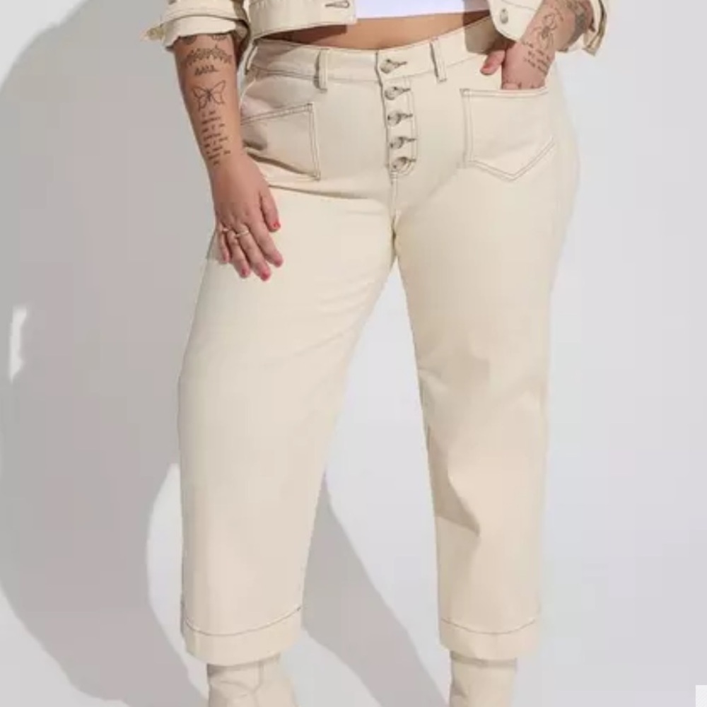Torrid Crop Wide Leg Classic Denim High-Rise Jeans Pants Cream Khaki 16 O
